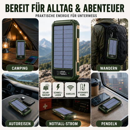 Solar Power Bank 10000-20000 mAh with Built-In Cables & Wireless Charging for iPhone Android – Portable Battery Pack with LED Display &