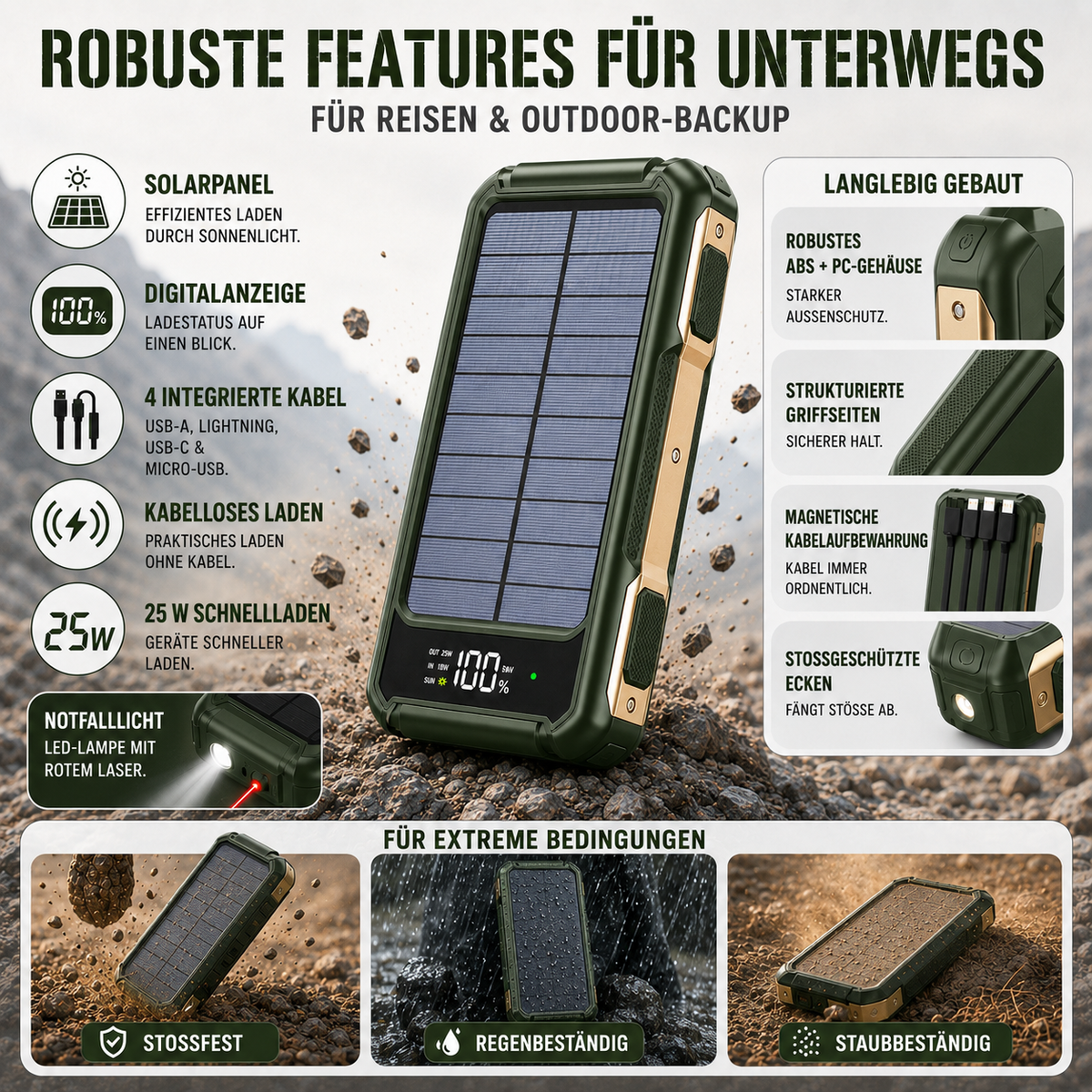 Solar Power Bank 10000-20000 mAh with Built-In Cables & Wireless Charging for iPhone Android – Portable Battery Pack with LED Display &