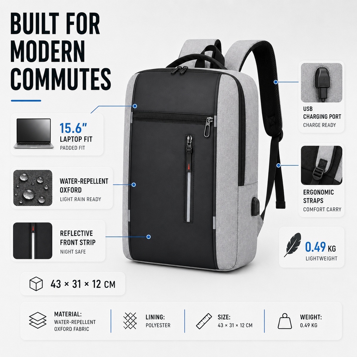 Waterproof Laptop Backpack with USB Charging Port – Padded Compartment for 15.6 Inch Notebook – Commuter Daypack for Work School Travel