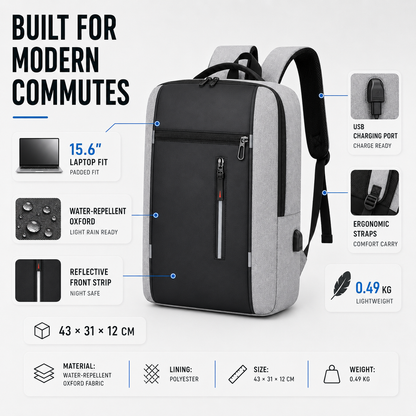 Waterproof Laptop Backpack with USB Charging Port – Padded Compartment for 15.6 Inch Notebook – Commuter Daypack for Work School Travel