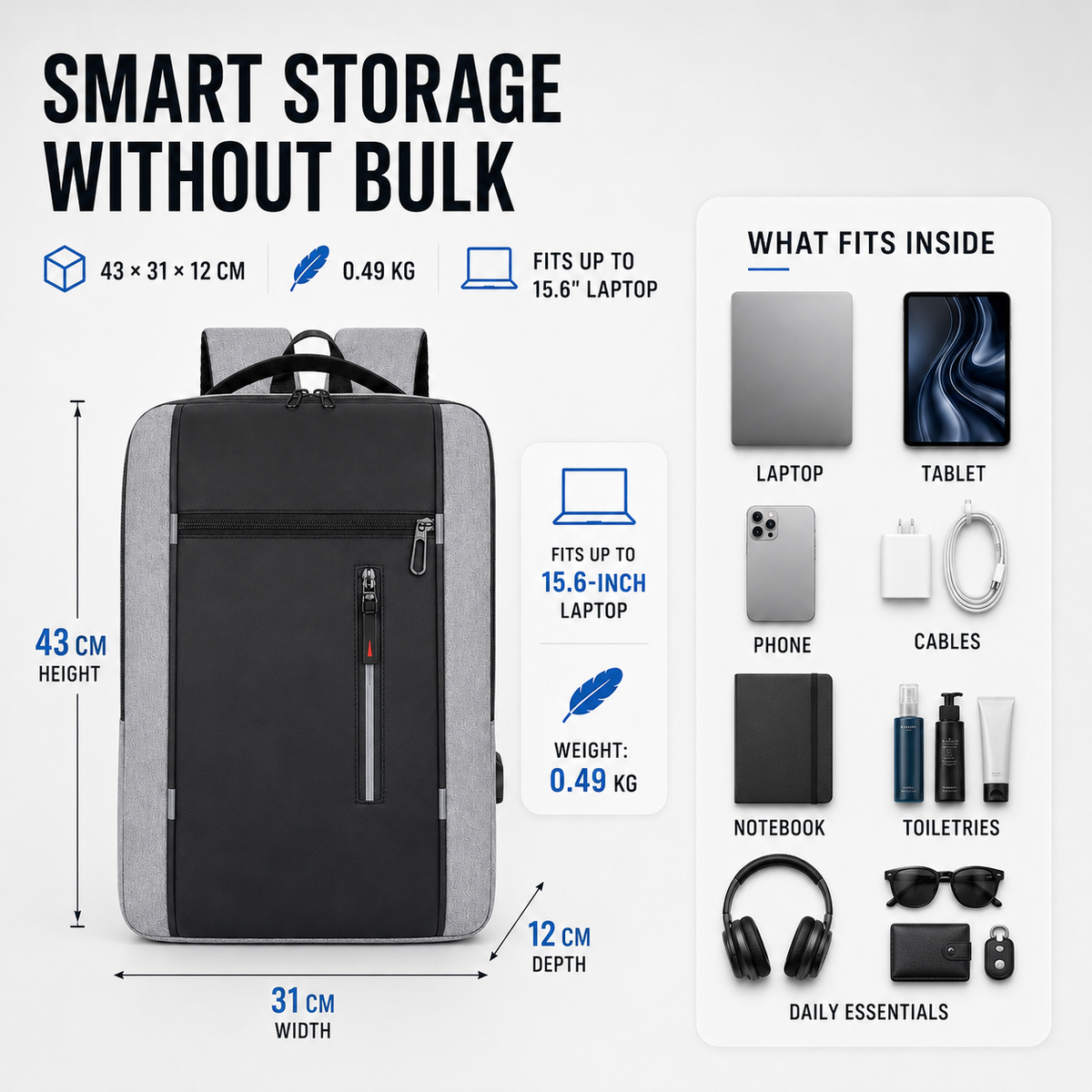Waterproof Laptop Backpack with USB Charging Port – Padded Compartment for 15.6 Inch Notebook – Commuter Daypack for Work School Travel