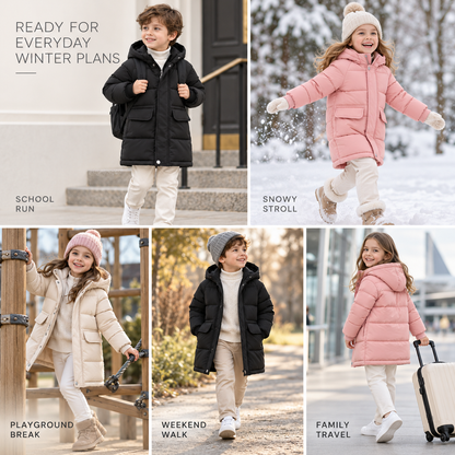 Insulated Longline Hooded Puffer Jacket for Kids – Full-Zip Heavyweight Winter Coat Ages 3-12