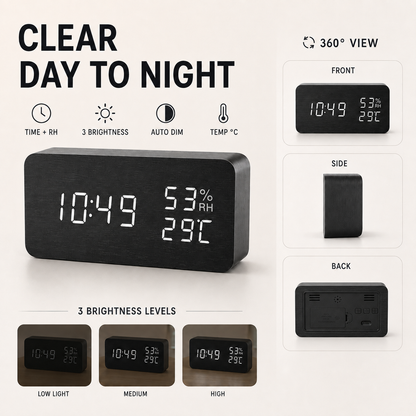 Digital Wood-Style Alarm Clock with LED Display, Temperature, Humidity & Voice Activation for Bedroom, Nightstand