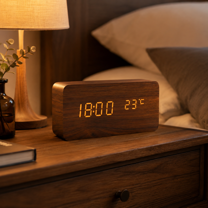 Digital Wood-Style Alarm Clock with LED Display, Temperature, Humidity & Voice Activation for Bedroom, Nightstand