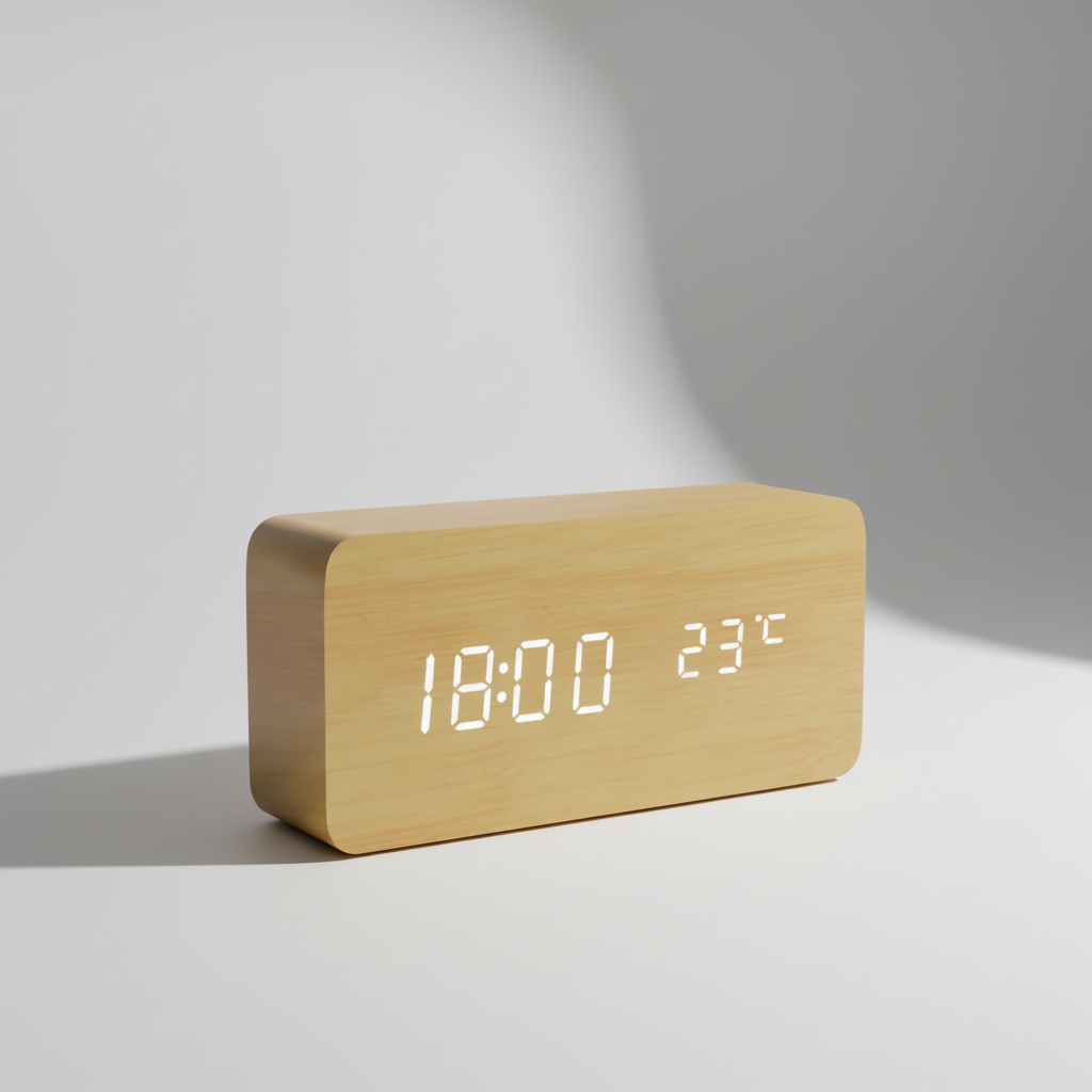 Digital Wood-Style Alarm Clock with LED Display, Temperature, Humidity & Voice Activation for Bedroom, Nightstand