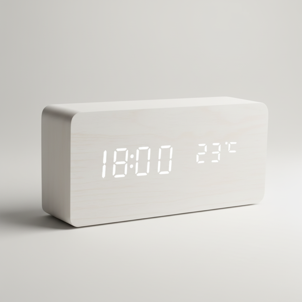 Digital Wood-Style Alarm Clock with LED Display, Temperature, Humidity & Voice Activation for Bedroom, Nightstand