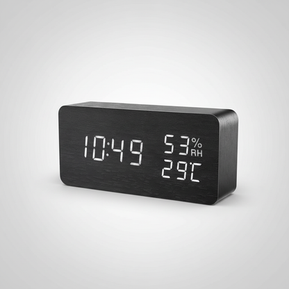 Digital Wood-Style Alarm Clock with LED Display, Temperature, Humidity & Voice Activation for Bedroom, Nightstand