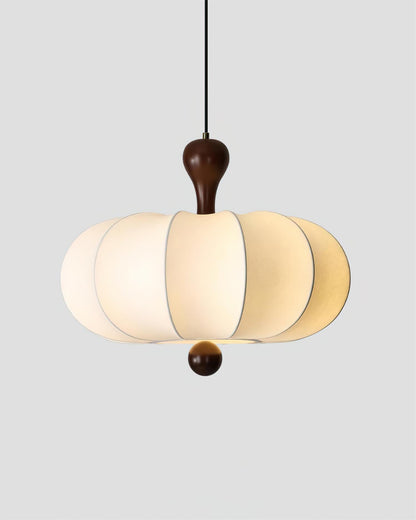 Sculptural White Pendant Light with Walnut Wood Dome and Fabric Shade for Dining Room