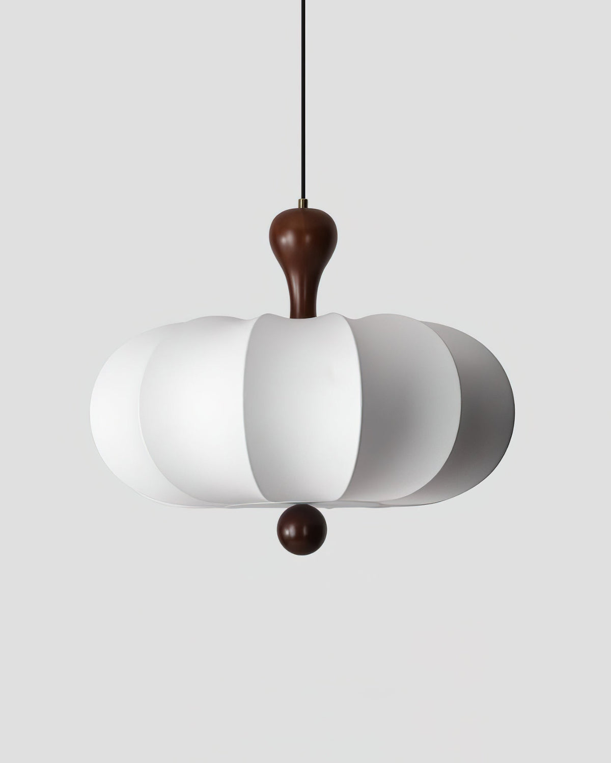 Sculptural White Pendant Light with Walnut Wood Dome and Fabric Shade for Dining Room