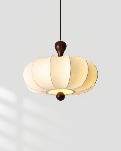 Sculptural White Pendant Light with Walnut Wood Dome and Fabric Shade for Dining Room