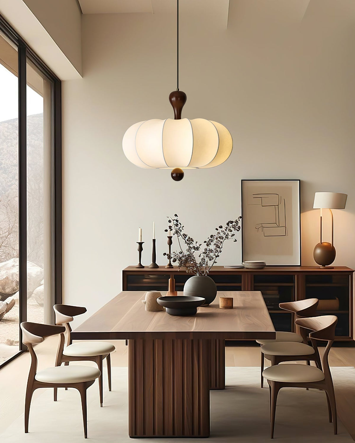 Sculptural White Pendant Light with Walnut Wood Dome and Fabric Shade for Dining Room