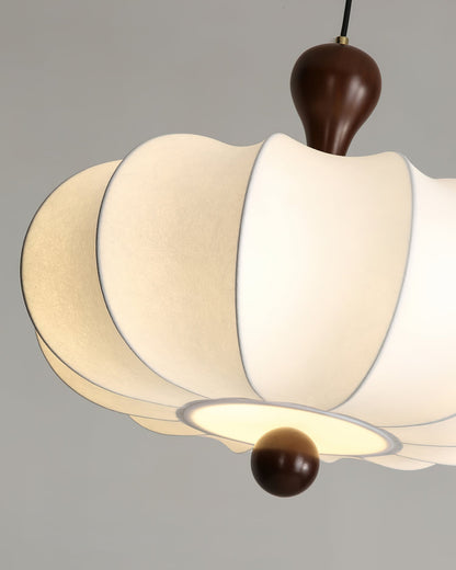 Sculptural White Pendant Light with Walnut Wood Dome and Fabric Shade for Dining Room