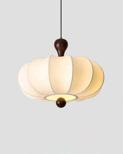 Sculptural White Pendant Light with Walnut Wood Dome and Fabric Shade for Dining Room
