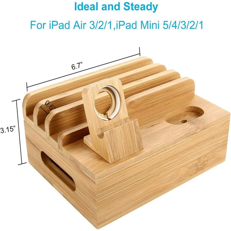 Eco-Friendly Bamboo Charging Station | 5-Port USB Organizer with Smartwatch & Earbuds Holders for Efficient Device Management