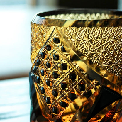 Geometric Cut Crystal Rocks Glass for Bourbon, Scotch & Neat Spirits | Dark Amber Tumbler with Wooden Gift Box for Home Bar & Whisky Enthusi