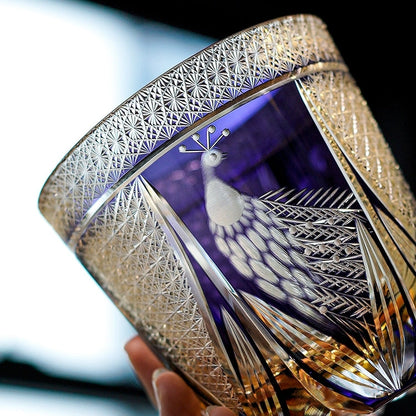 Japanese Cut Crystal Spirits Tumbler with Purple Peacock Motif & Gift Box for Whiskey Bourbon Scotch Cocktails Home Bar Drinkware Glassware