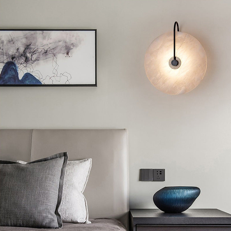Alabaster Disc Sconce with Gold Arm – Natural Stone Wall Light for Bedroom, Living Room & Hallway – Integrated LED 6 to 12 Inch – Warm White