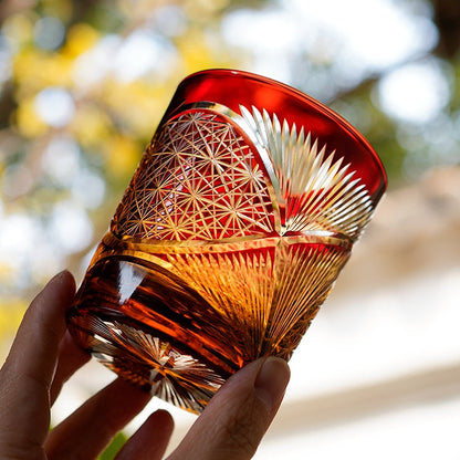Hand-Cut Crystal Lowball Glass with Etched Crane Motif in Warm Amber Finish for Bourbon Scotch Cocktails Spirits Tasting Home Bar Display El