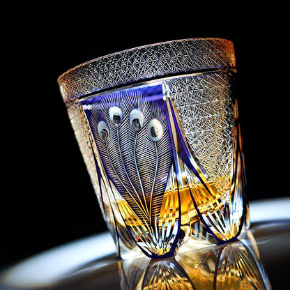 Japanese Cut Crystal Spirits Tumbler with Purple Peacock Motif & Gift Box for Whiskey Bourbon Scotch Cocktails Home Bar Drinkware Glassware