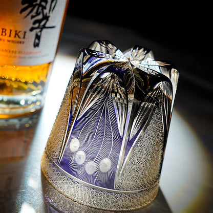 Japanese Cut Crystal Spirits Tumbler with Purple Peacock Motif & Gift Box for Whiskey Bourbon Scotch Cocktails Home Bar Drinkware Glassware