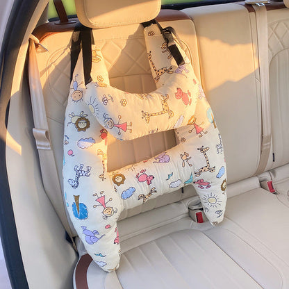 Kids Road Trip Sleep Cushion Beige 26 x 20 Inch Soft Cotton Blend with Adjustable Straps for Car Seat Headrest Support Children Toddler Long