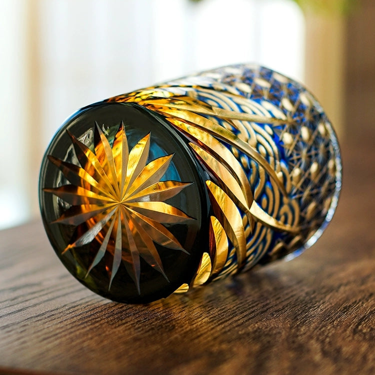 Hand-Cut Crystal Tumbler for Bourbon & Spirits, Blue-Amber Glass with Authentic Japanese Patterns, Gift-Ready Keepsake Box for Collectors