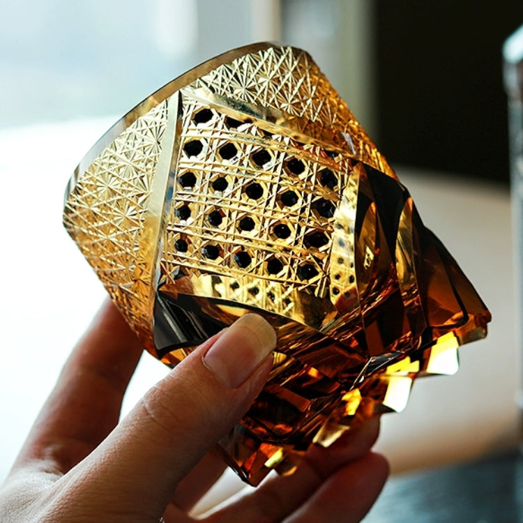 Geometric Cut Crystal Rocks Glass for Bourbon, Scotch & Neat Spirits | Dark Amber Tumbler with Wooden Gift Box for Home Bar & Whisky Enthusi