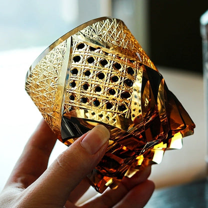 Geometric Cut Crystal Rocks Glass for Bourbon, Scotch & Neat Spirits | Dark Amber Tumbler with Wooden Gift Box for Home Bar & Whisky Enthusi