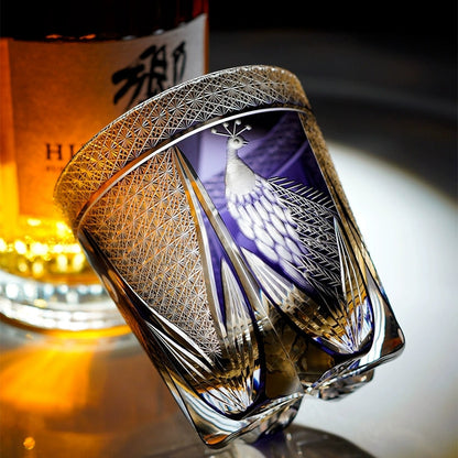 Japanese Cut Crystal Spirits Tumbler with Purple Peacock Motif & Gift Box for Whiskey Bourbon Scotch Cocktails Home Bar Drinkware Glassware