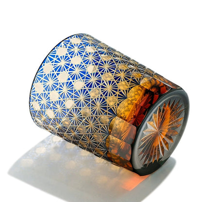 Cut Crystal Whisky Tumblers with Starburst Floral Design in Amber Glass for Bourbon, Scotch & Cocktails