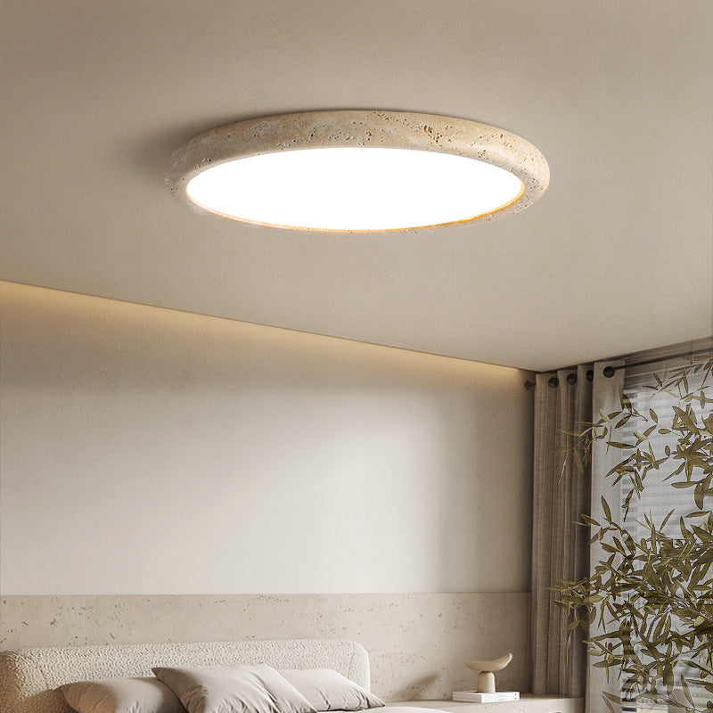 Round Stone Flush-Mount Light Fixture 15 in Diameter 3000K Warm LED for Bedrooms Dining Rooms Natural Beige Texture Hardwired Ceiling Lamp