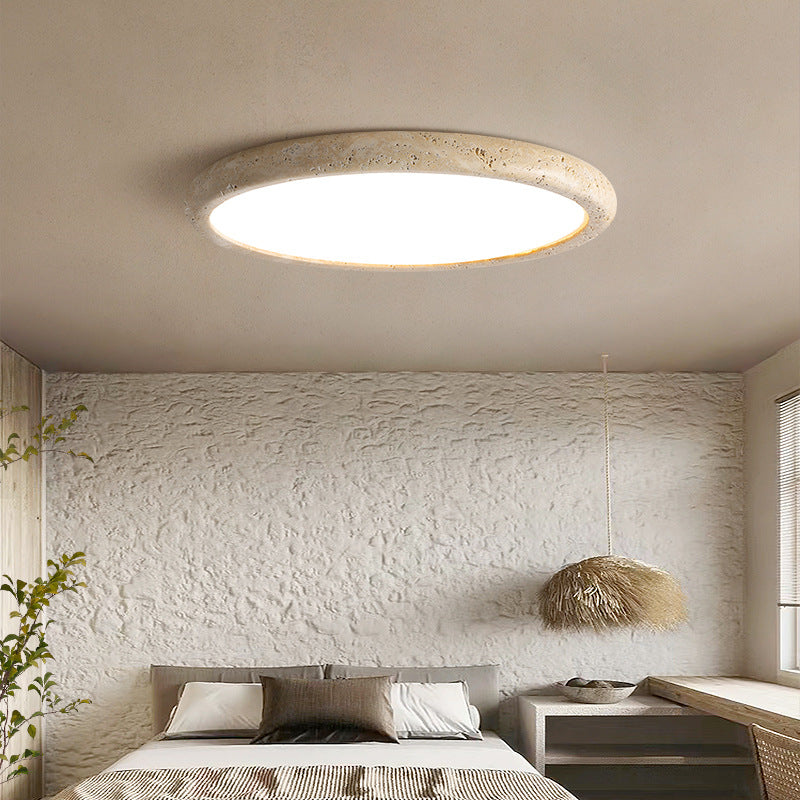 Round Stone Flush-Mount Light Fixture 15 in Diameter 3000K Warm LED for Bedrooms Dining Rooms Natural Beige Texture Hardwired Ceiling Lamp