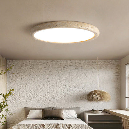 Round Stone Flush-Mount Light Fixture 15 in Diameter 3000K Warm LED for Bedrooms Dining Rooms Natural Beige Texture Hardwired Ceiling Lamp