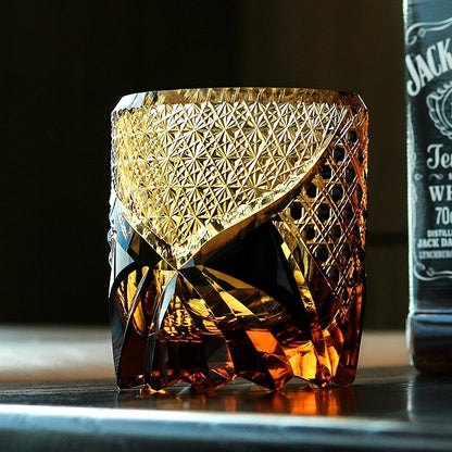 Japanese Cut Crystal Whiskey Tumbler with Gift Box | Dark Amber Hand-Etched Old Fashioned Glass for Scotch Bourbon Spirits | Medieval Knight