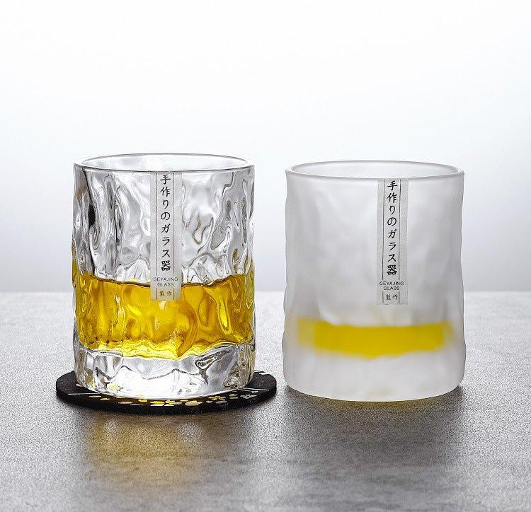 Rocks Glass with Geometric Faceted Cuts for Bourbon Scotch & Cognac | Textured Crystal Tumbler Set with Wood Box & Coaster for Home Bar | Ol