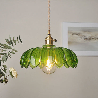 Floral Glass Shade Ceiling Fixture Green 10 Inch Adjustable Cord E27 Socket for Dining Room Kitchen Hallway Vintage Copper Accent Home Light