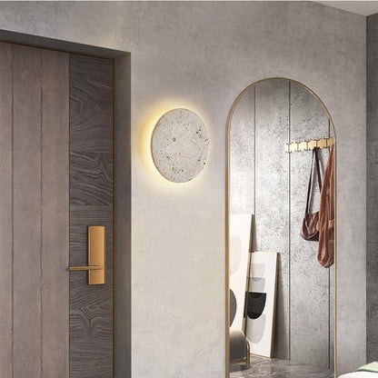 Round Stone Wall Sconce with Integrated Warm LED Light for Bedroom Hallway Living Room Modern Minimalist Travertine Fixture Indoor Ambient L