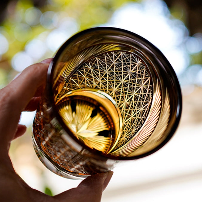 Hand-Cut Crystal Lowball Glass with Etched Crane Motif in Warm Amber Finish for Bourbon Scotch Cocktails Spirits Tasting Home Bar Display El