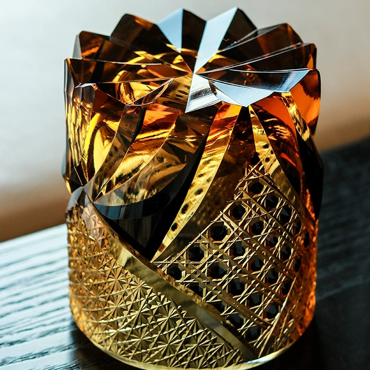 Japanese Cut Crystal Whiskey Tumbler with Gift Box | Dark Amber Hand-Etched Old Fashioned Glass for Scotch Bourbon Spirits | Medieval Knight