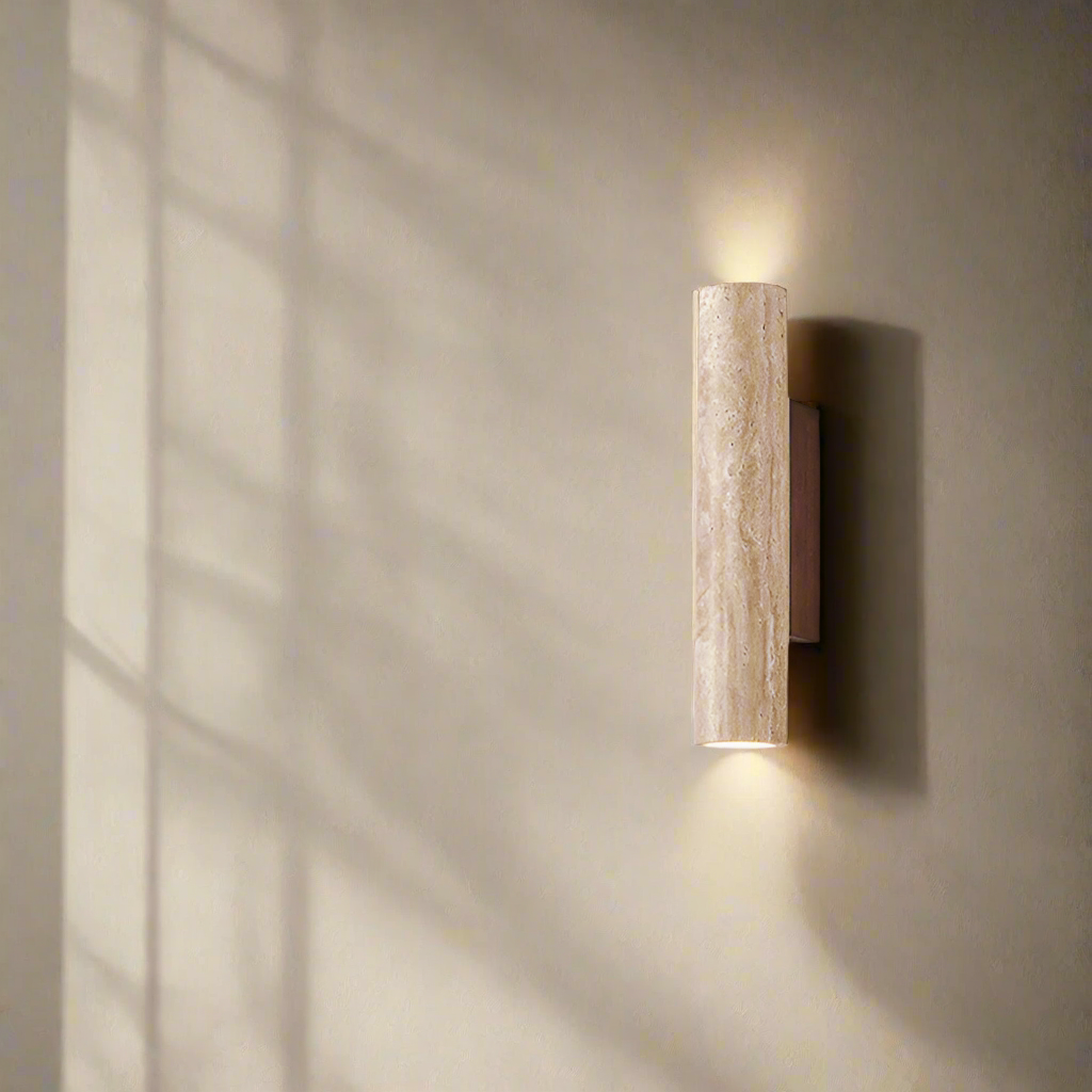 Travertine Stone Sconce Dual-Direction Light 12.6 Inch Vertical Fixture Natural Beige E27 Socket for Bedrooms Hallways Staircases Living Roo