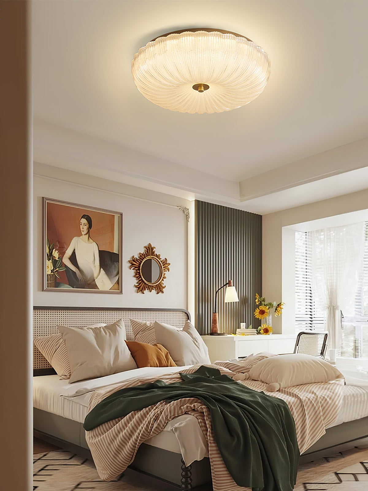 Round Flush Mount LED Ceiling Light Gold Metal Frosted Glass Shade 16 Inch 36W for Bedroom Living Room Kitchen Office Indoor Lighting 3000K