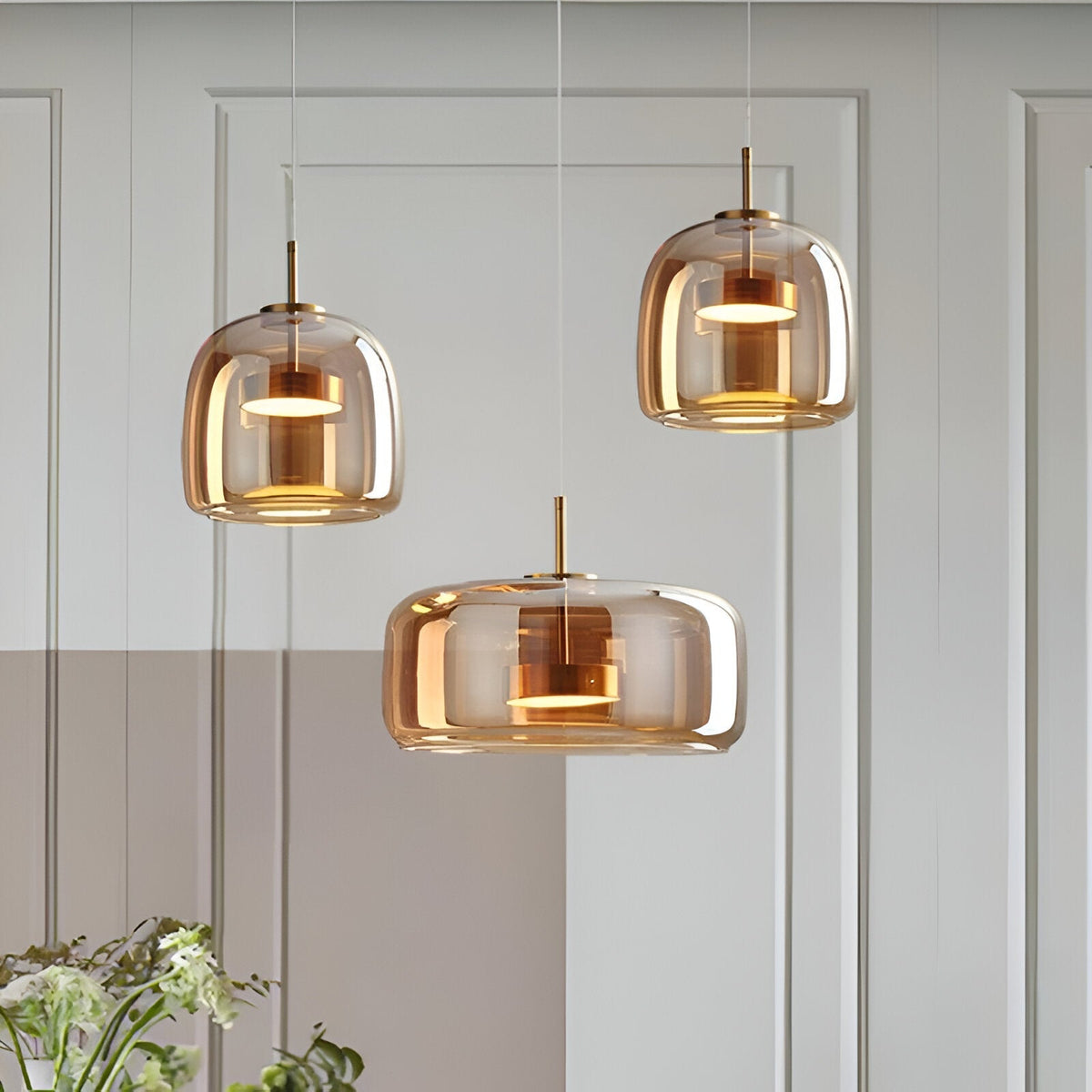 Triple Glass Dome Ceiling Light 15 in Adjustable Height for Kitchen Island Dining Room Modern Hanging Fixture Gray Smoked Finish