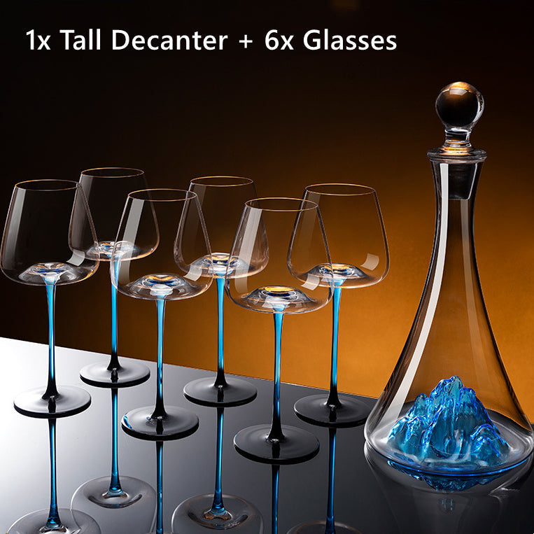 Hand-Painted Stemmed Aerating Decanter & Glassware Set for Red Wine Service | Home Bar & Dining Collection