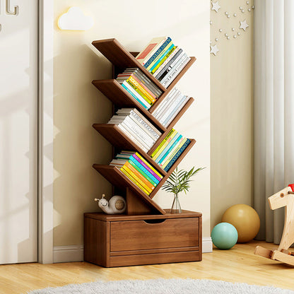 Modern Geometric Storage Tower Shelf Unit 6-12 Open Tiers Walnut Natural Wood for Living Room Study Den Small Spaces