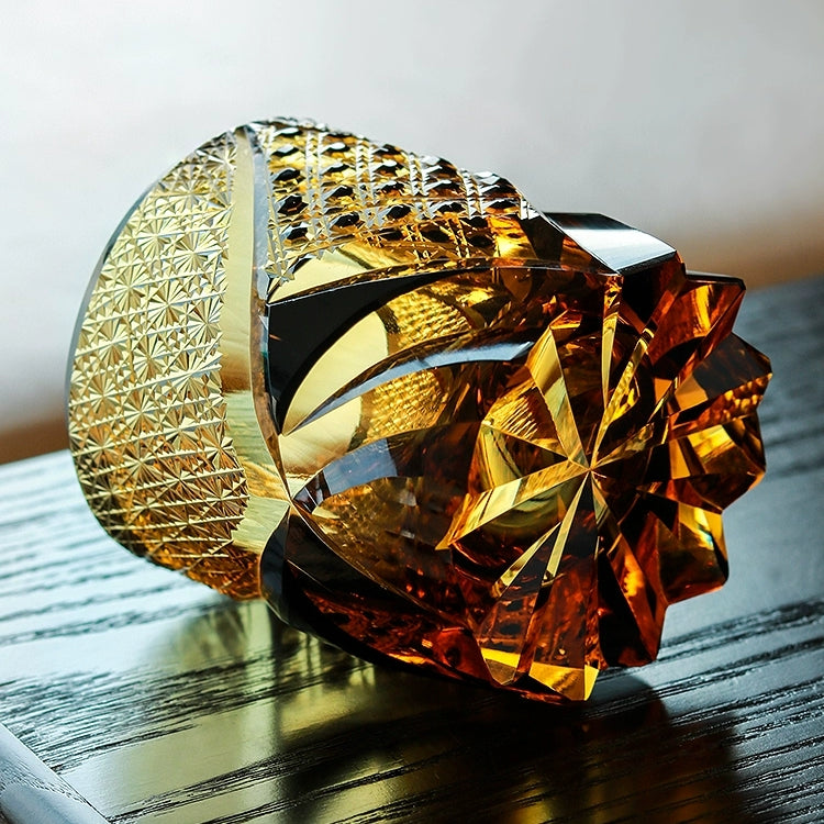 Geometric Cut Crystal Rocks Glass for Bourbon, Scotch & Neat Spirits | Dark Amber Tumbler with Wooden Gift Box for Home Bar & Whisky Enthusi