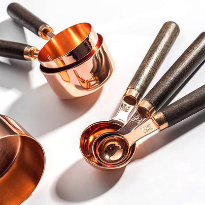 Stainless Steel Measuring Cup and Spoon Set with Oak Handles 8-Piece Kitchen Portion Tool for Baking Cooking Coffee and Meal Prep
