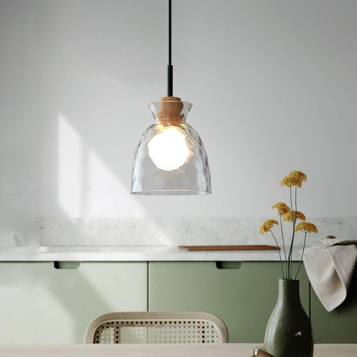 Wood & Glass Drop Light for Counter | Adjustable Height Cord Fixture with Clear Textured Shade | Nordic Style