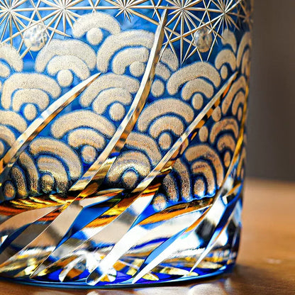 Hand-Cut Crystal Tumbler for Bourbon & Spirits, Blue-Amber Glass with Authentic Japanese Patterns, Gift-Ready Keepsake Box for Collectors