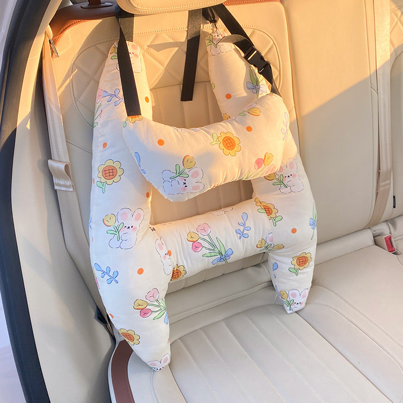 Kids Road Trip Sleep Cushion Beige 26 x 20 Inch Soft Cotton Blend with Adjustable Straps for Car Seat Headrest Support Children Toddler Long