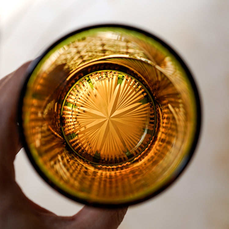 Hand-Cut Crystal Lowball Glass with Etched Crane Motif in Warm Amber Finish for Bourbon Scotch Cocktails Spirits Tasting Home Bar Display El